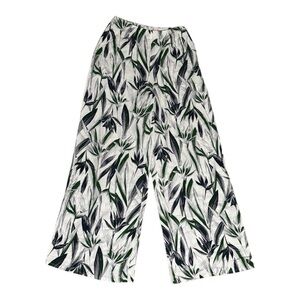 L'ATISTE Green Blue White Leaf Palm Pants Bottoms M Linen Blend Wide Leg Resort